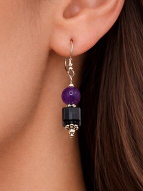 Purple & Black Bead Drop Earrings with Silver Accents